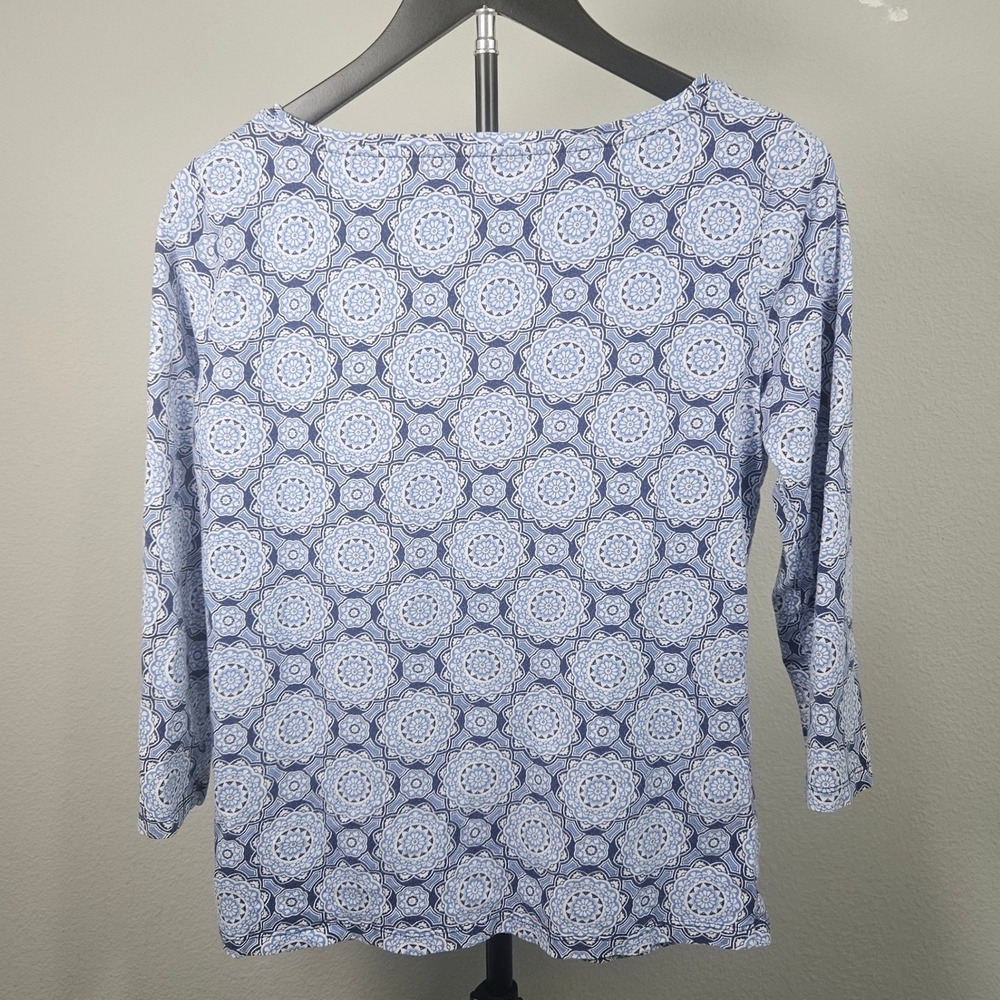 Talbots Knit Top Women Small Blue Medallion Print 3/4 Sleeve Boat Neck Preppy - Picture 4 of 12